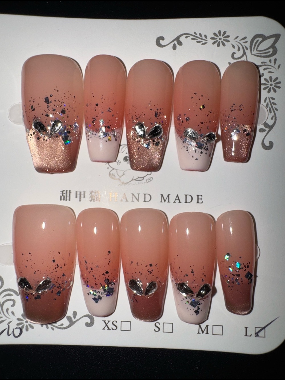 Handmade Pink Nude Ombre Press-On Nails with Silver Accents